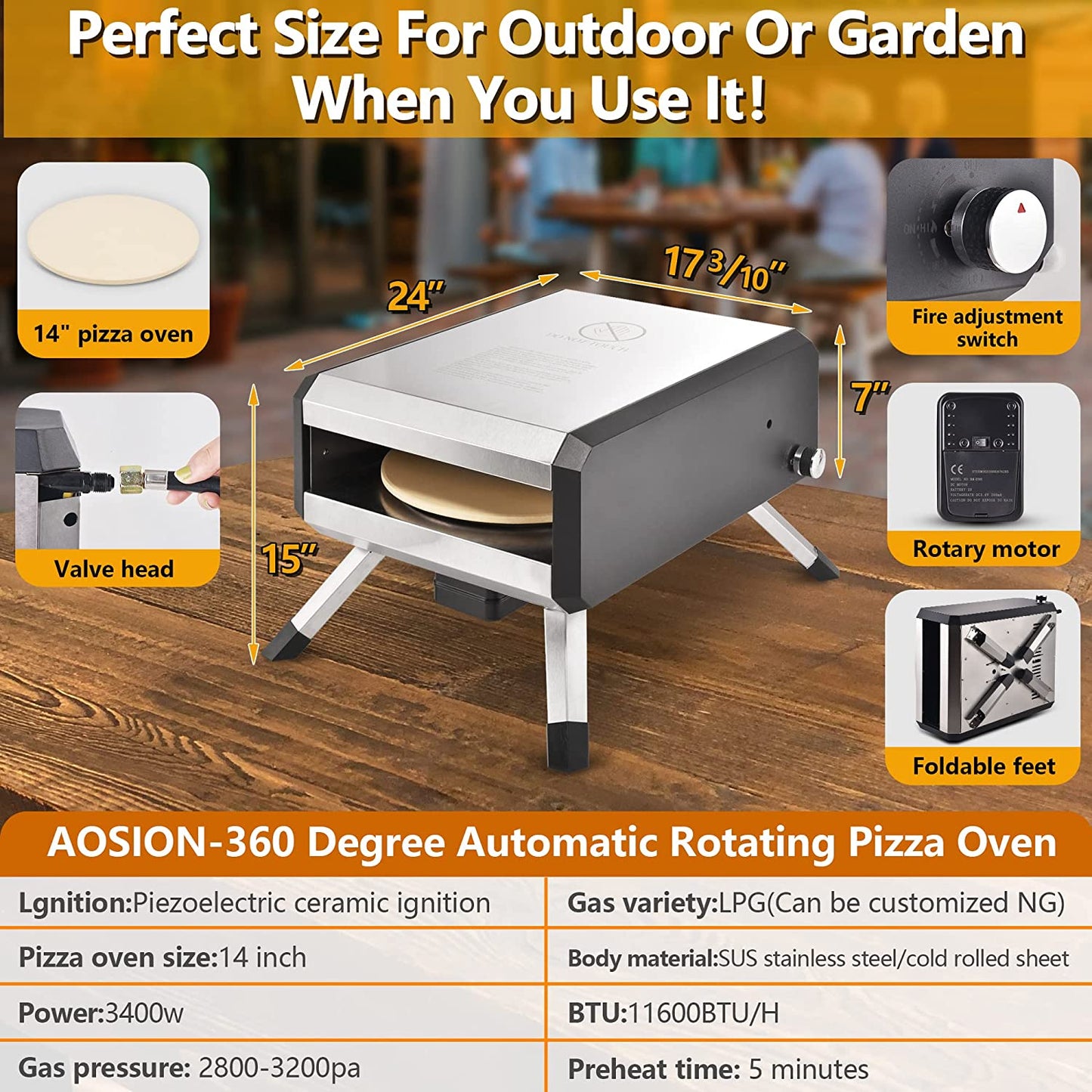 -Outdoor Gas Pizza Oven, Rotating Propane Pizza Grill Oven for Exterior Backyard Pizza Maker with 14" Pizza Stone, Portable Pizza Ovens for outside with Pizza Peel,Pia,Cutter,Gloves and Thermometer.