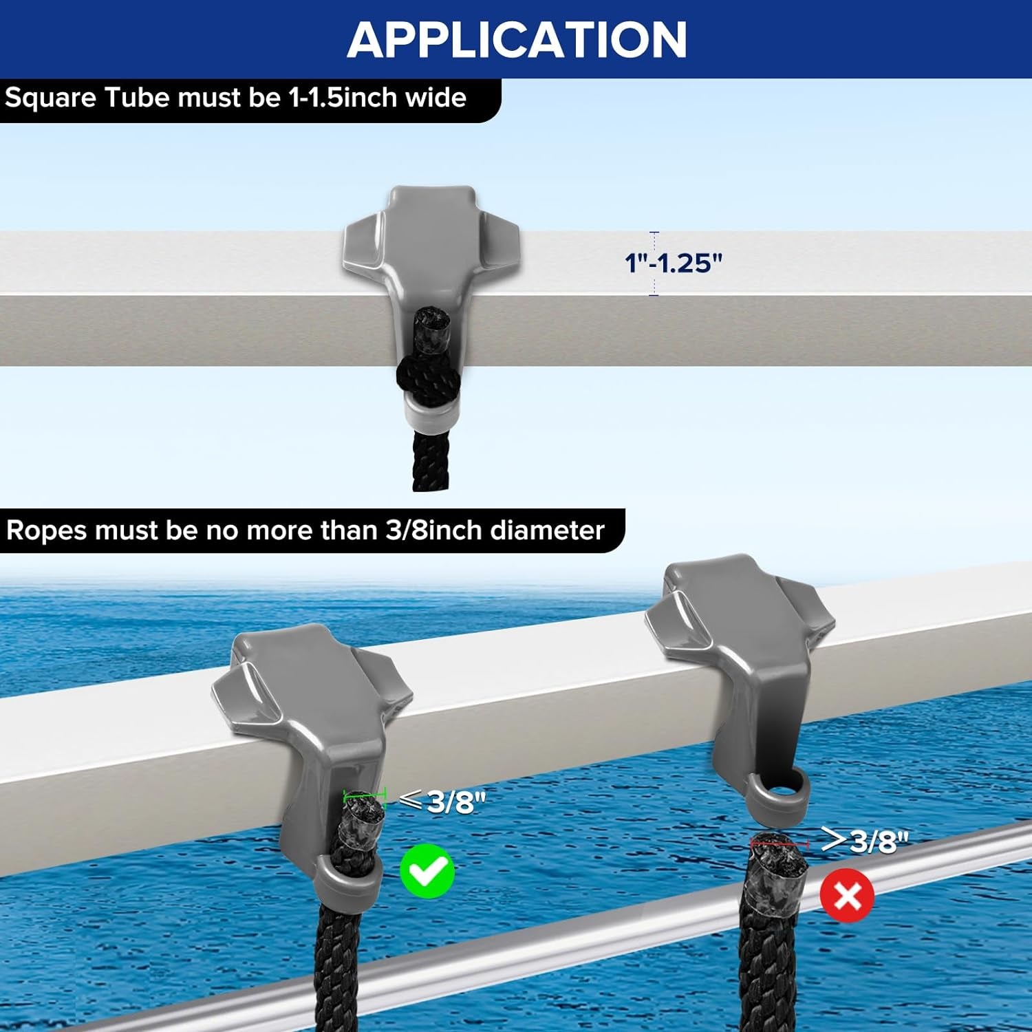 Boat Bumper Clips Hangers Adjusters Cleats 4Pack, Pontoon Fender Clips for Docking, Durable ABS Boat Fender Clips for 1 Inch and 1.25 Inch Square Tube, Grey