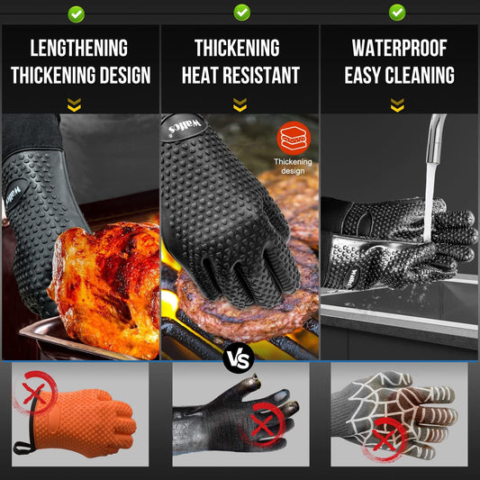 Grilling Gloves - Heat Resistant Silicone Oven Mitt, Premium Non-Slip Silicone Internal Protective Cotton Layer, Waterproof, Great for Grilling, Kitchen and Cooking (Black)…