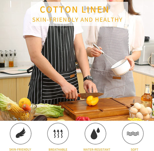 2 Pieces Kitchen Cooking Aprons, Cotton Polyester Blend Adjustable Bib Aprons with 2 Pockets for Women Men Chef Chef (Black/Brown Stripes, 2)