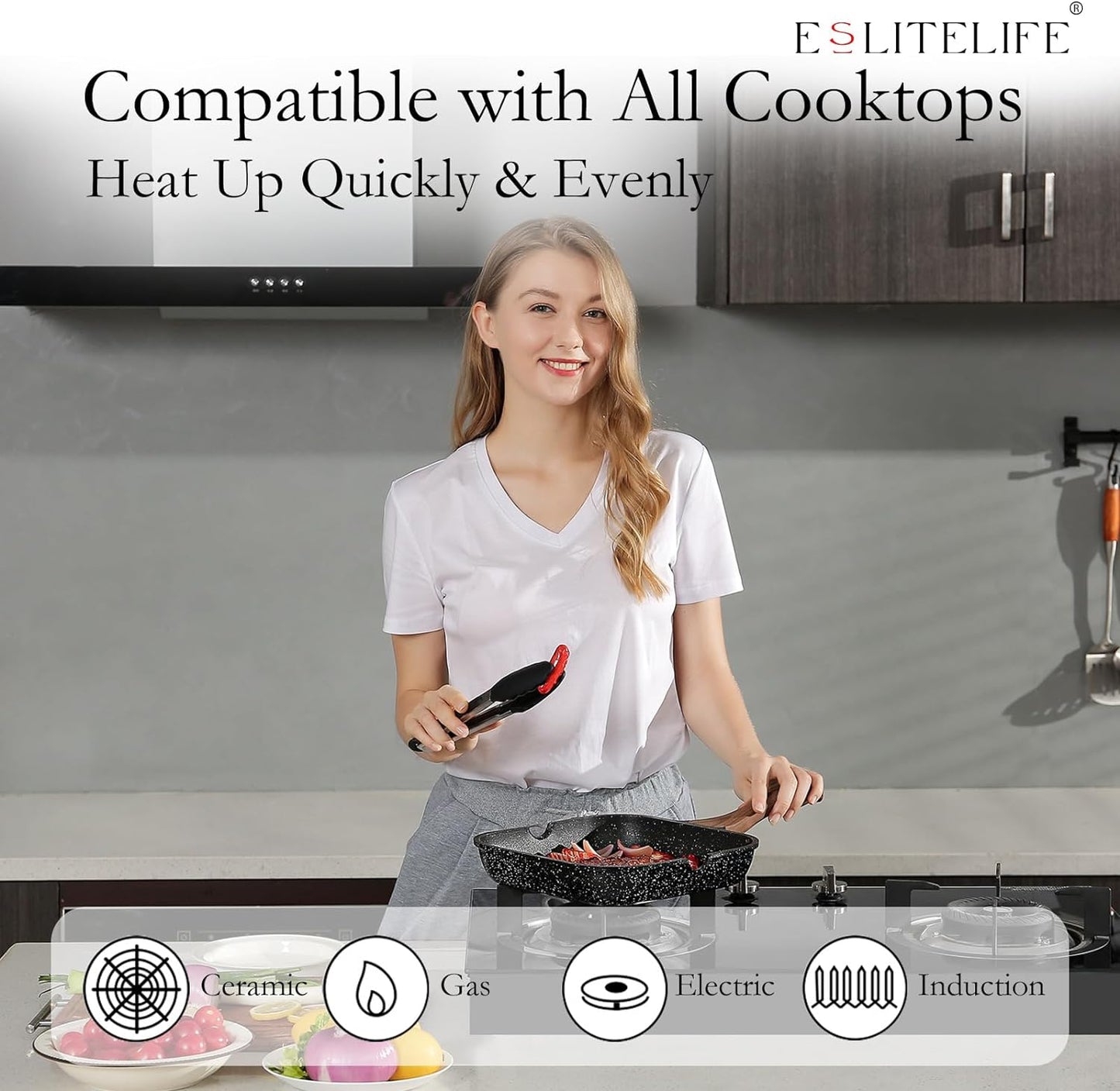 Nonstick Grill Pan for Stove Tops, 9.5 Inch Granite Coating Square Grill Skillet with Pour Spouts, Compatible with All Stovetops (Gas, Electric & Induction), PFOA Free