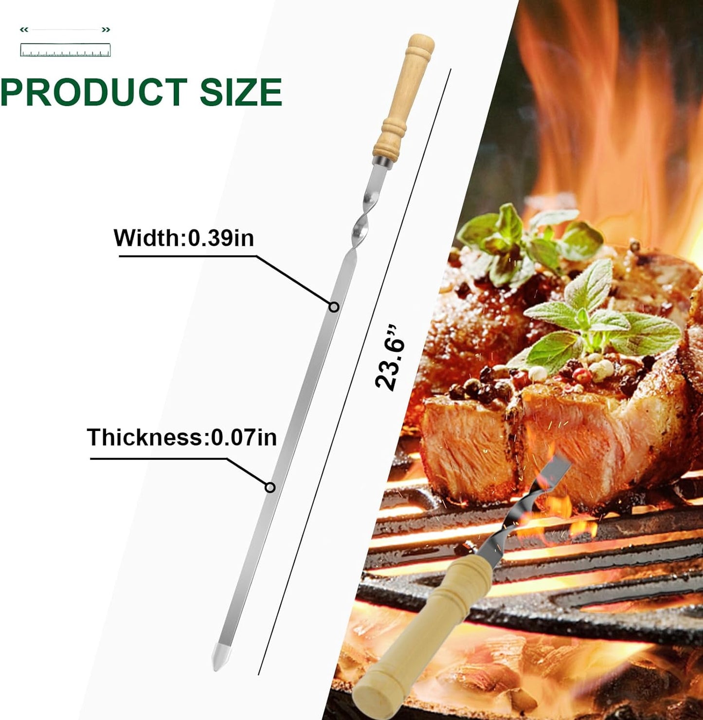 Kabob Skewers,23.6 Inch Flat Skewers for Grilling with Wooden Handle,Reusable Stainless Steel Metal BBQ Barbecue Skewer,Shish Kebab Stick Set for Meat Shrimp Chicken Vegetable-12Pcs.