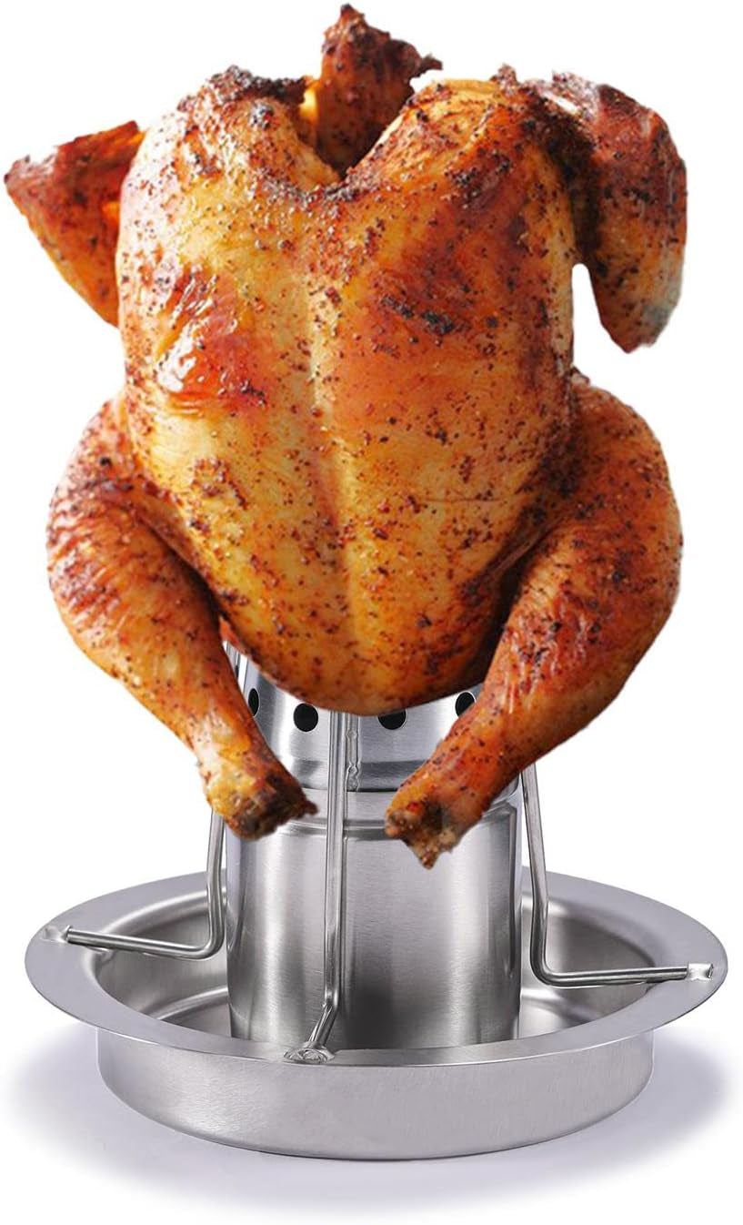 AMOZO Beer Can Chicken Roaster Stand - the New Stainless Steel Chicken Holder - Poultry Roasters with Flavouring Container.(1 Pack)