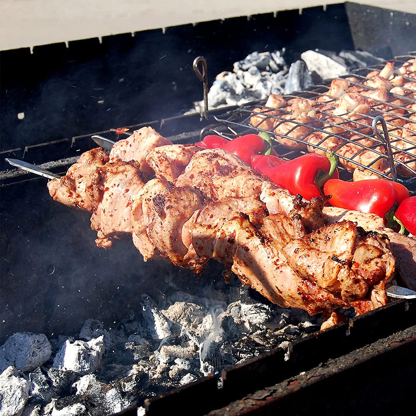 Dicunoy 9 PCS Stainless Steel Barbecue Skewers, 17" Kabob Skewers for Grilling,Reusable Metal Flat Shish BBQ Sticks with Kabob Rack Stand for Meat, Shrimp, Chicken, Vegetable Grill