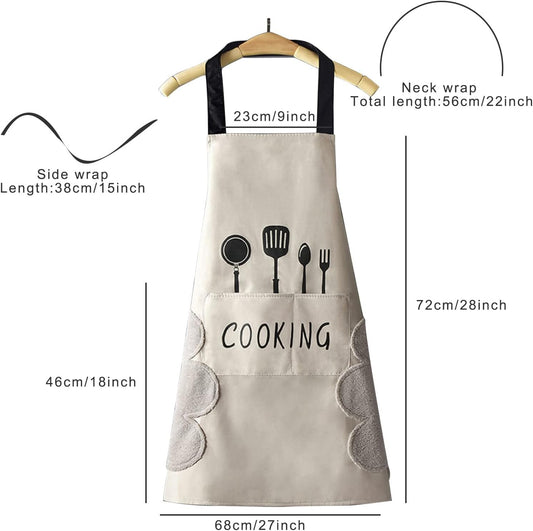 Women Kitchen Apron with Hand Wipe Pockets,Big Pocket,Hand-Wiping, Waterproof for Cooking Baking