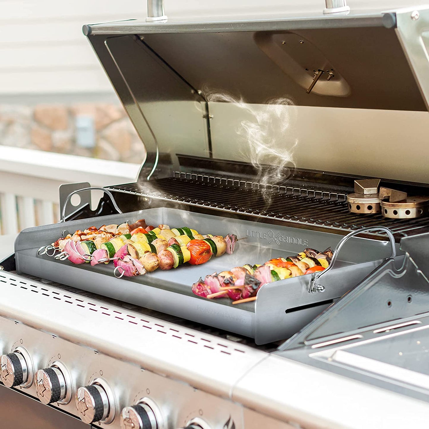 Griddle-Q GQ230 100% Stainless Steel Professional Quality Griddle with Even Heat Cross Bracing and Removable Handles for Charcoal/Gas Grills, Camping, Tailgating, Parties (25"X16"X6.5")