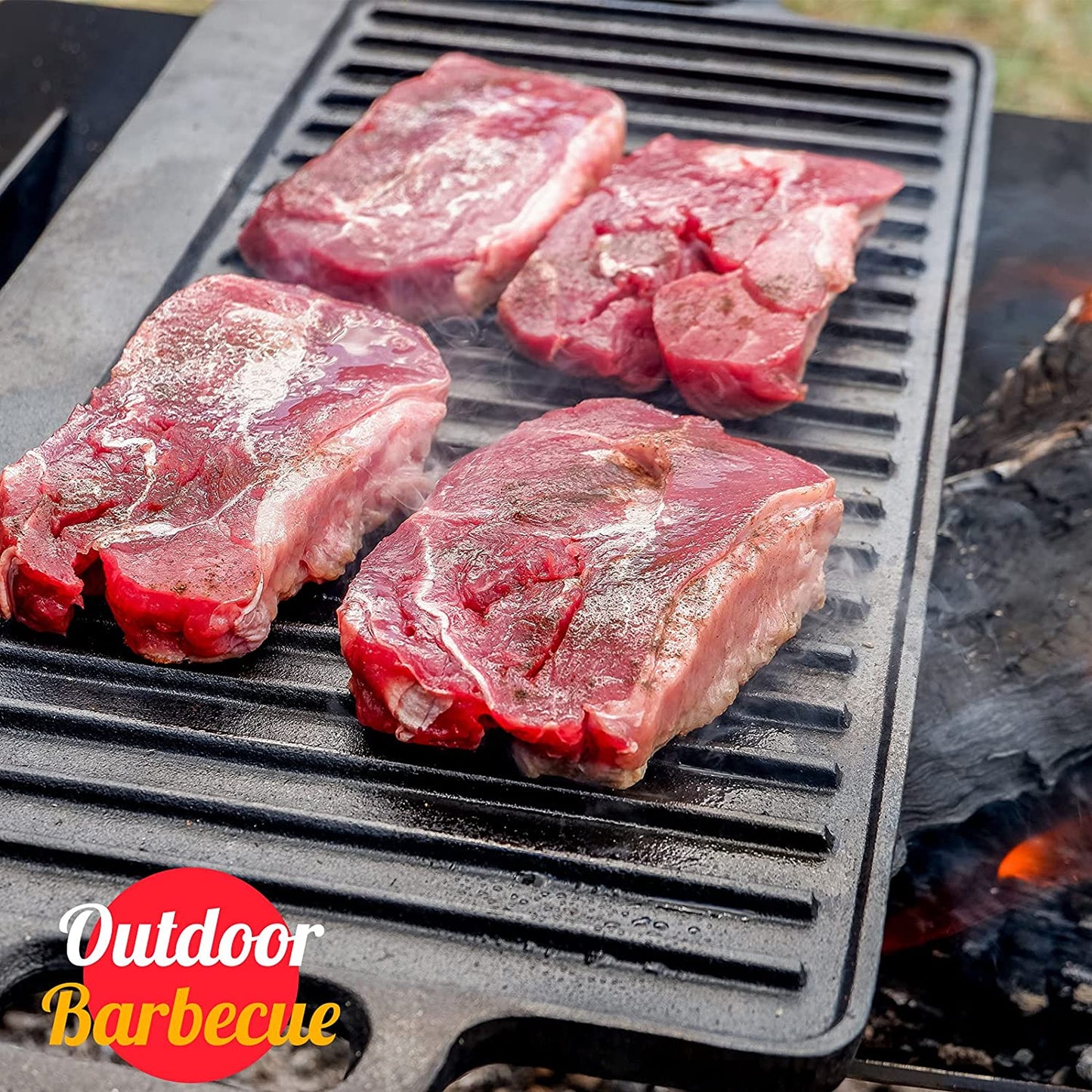 Pre-Seasoned 17X9.8" Cast Iron Reversible Griddle Grill Pan with Handles for Gas Stovetop Open Fire Oven, One Tray, Scrapers Included