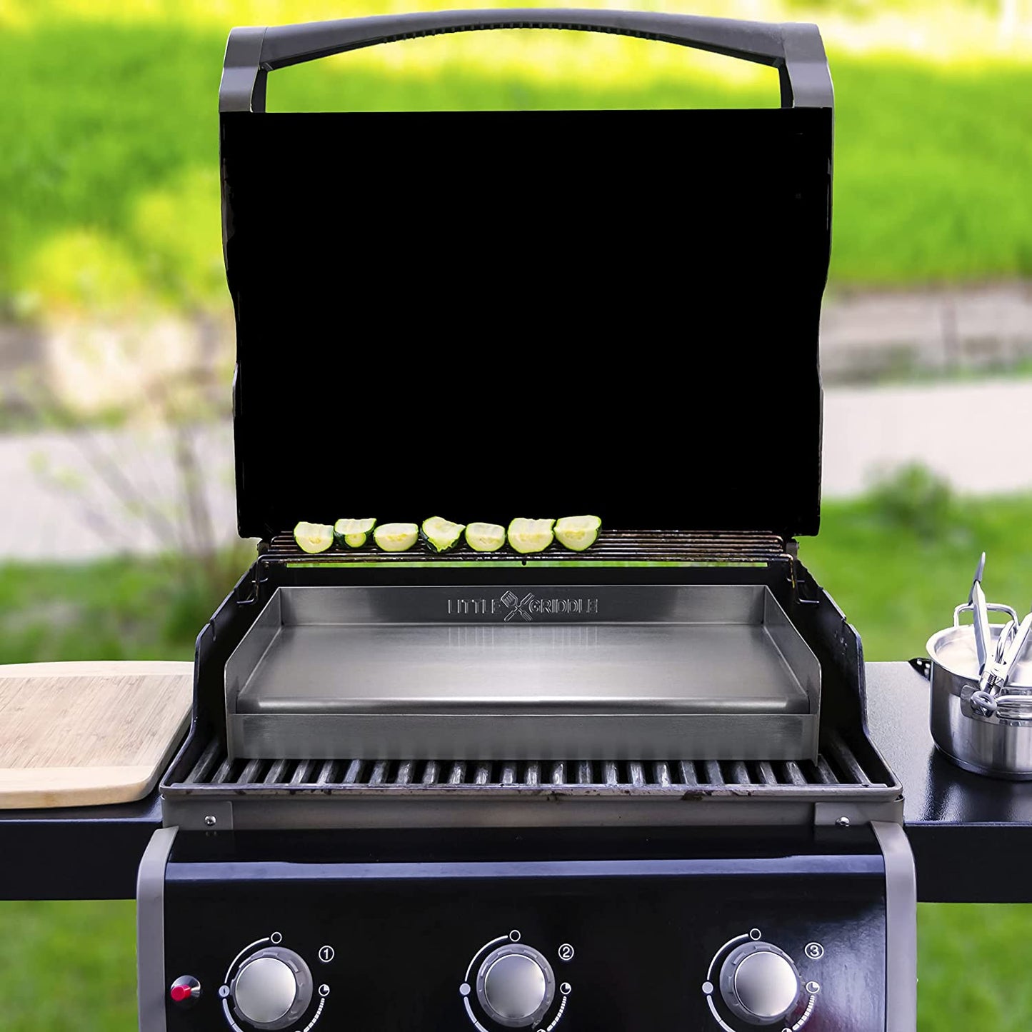 Sizzle-Q SQ180 100% Stainless Steel Universal Griddle with Even Heating Cross Bracing for Charcoal/Gas Grills, Camping, Tailgating, and Parties (18"X13"X3")