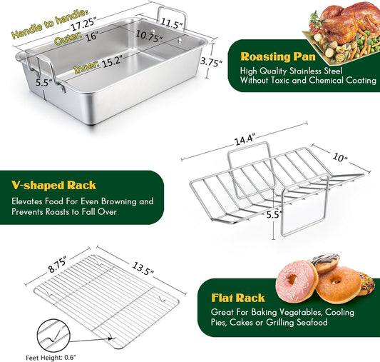 Roasting Pan, E-Far 16 X 11.5 Inch Stainless Steel Turkey Roaster with Rack - Deep Broiling Pan & V-Shaped Rack & Flat Rack, Non-Toxic & Heavy Duty, Easy Clean & Dishwasher Safe - Large