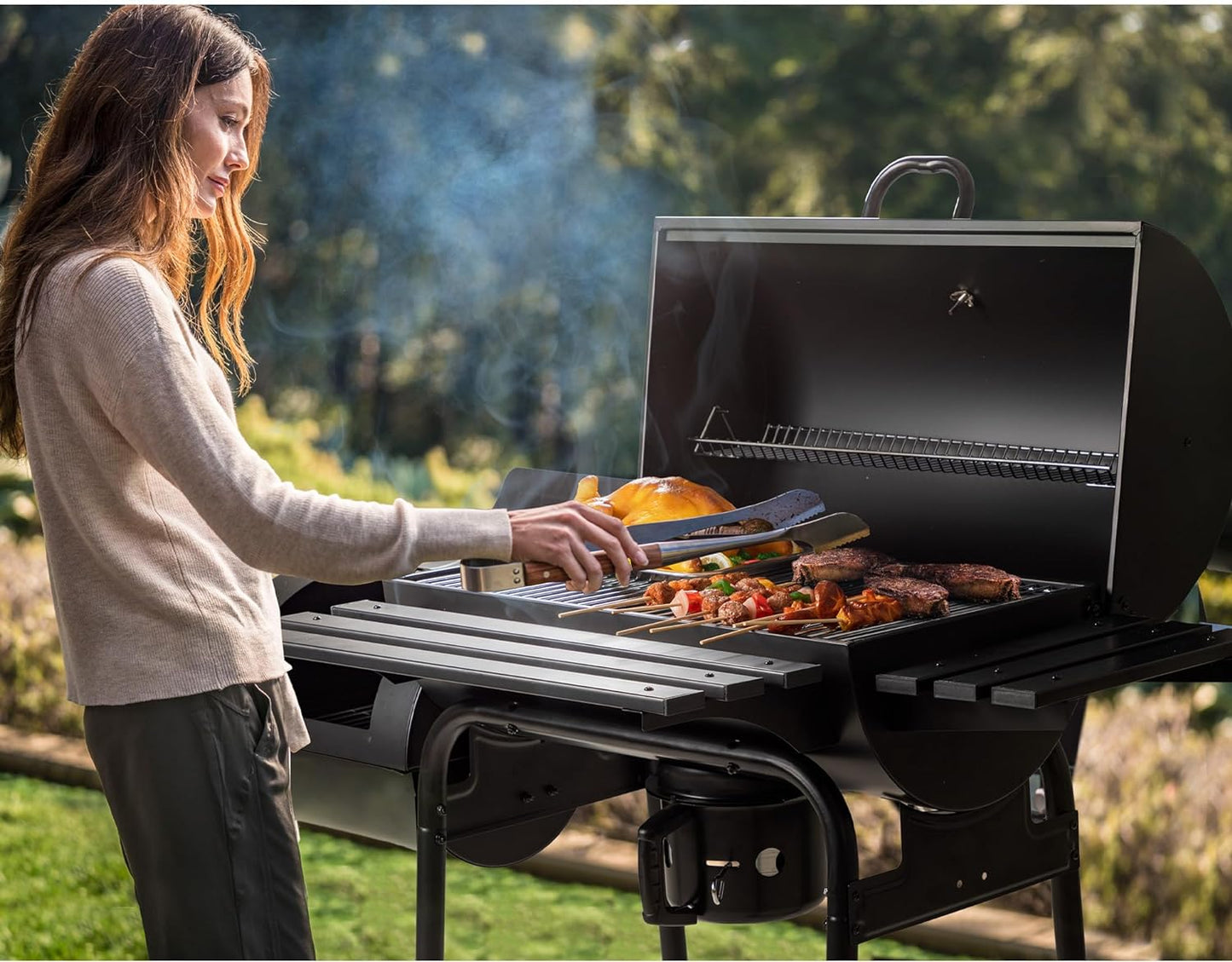 Flamaker Charcoal Grill Outdoor BBQ Grill with Side Oven & Thermometer Barbecue Grill Offset Smoker with Ash Catcher & Cover for Camping Picnics