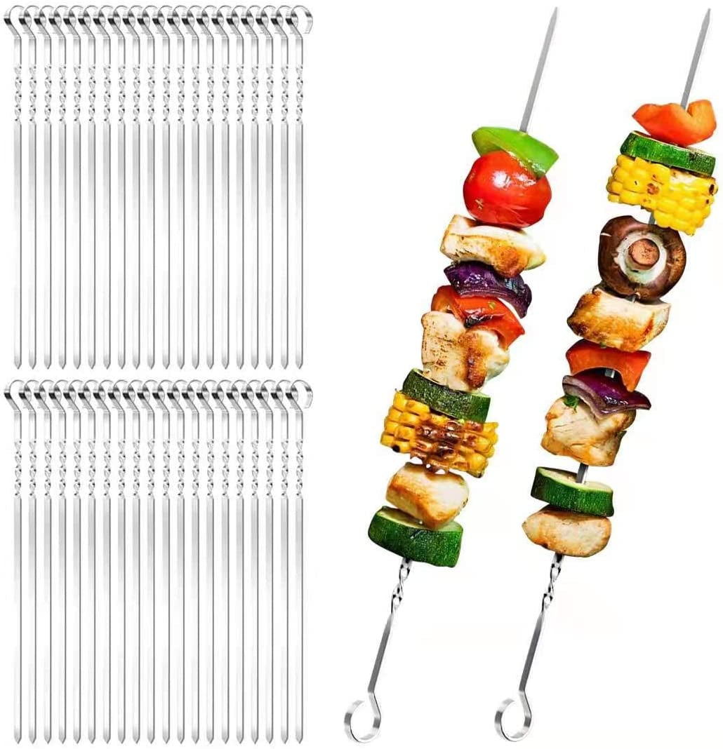 Kabob Skewers, AIDOIT 40 PCS 15.2 Inch Flat Metal BBQ Barbecue Skewer Stainless Steel Shish Kebob Sticks Wide Reusable Grilling Skewers Set for Meat Shrimp Chicken Vegetable