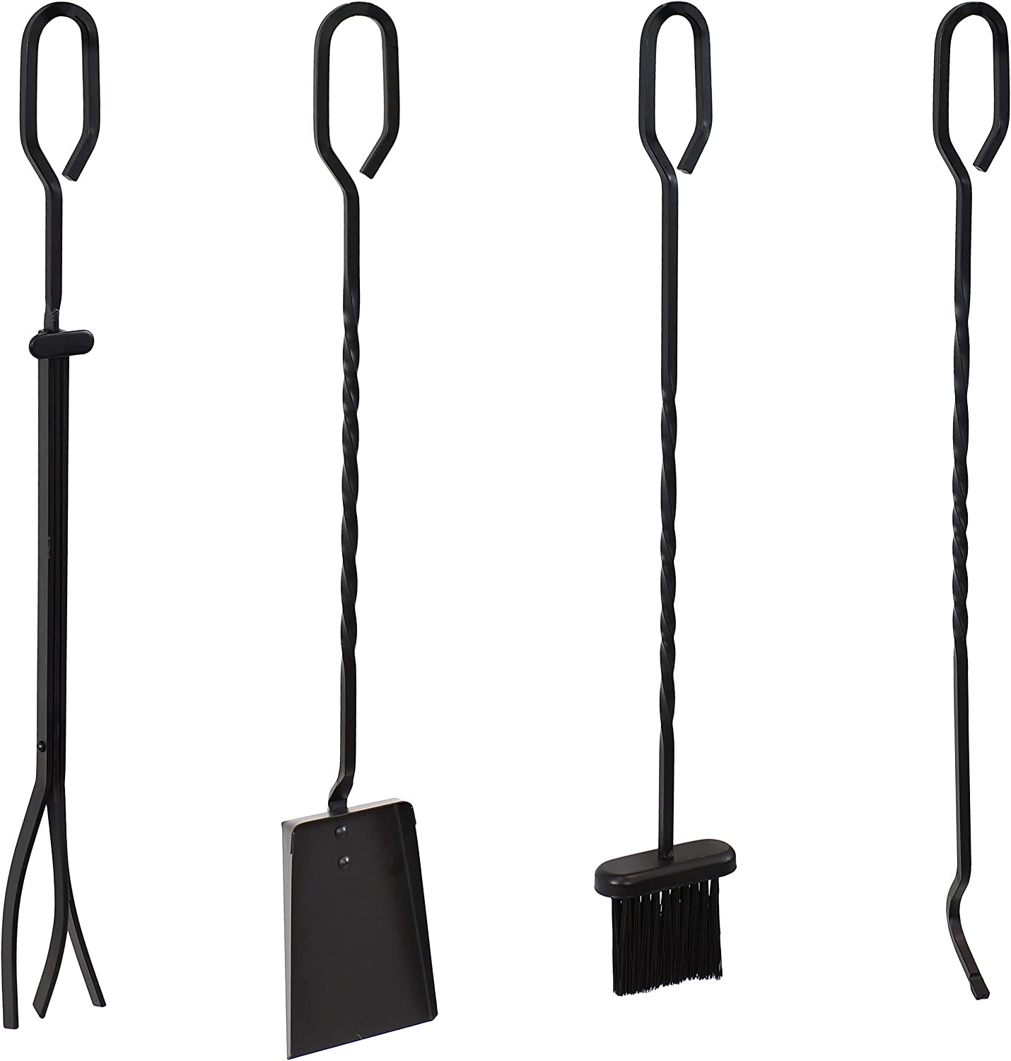 Sunnydaze 4-Piece Fireplace Tool Set with Stand - Heavy-Duty Black Steel Poker, Shovel, Log Grabber and Broom