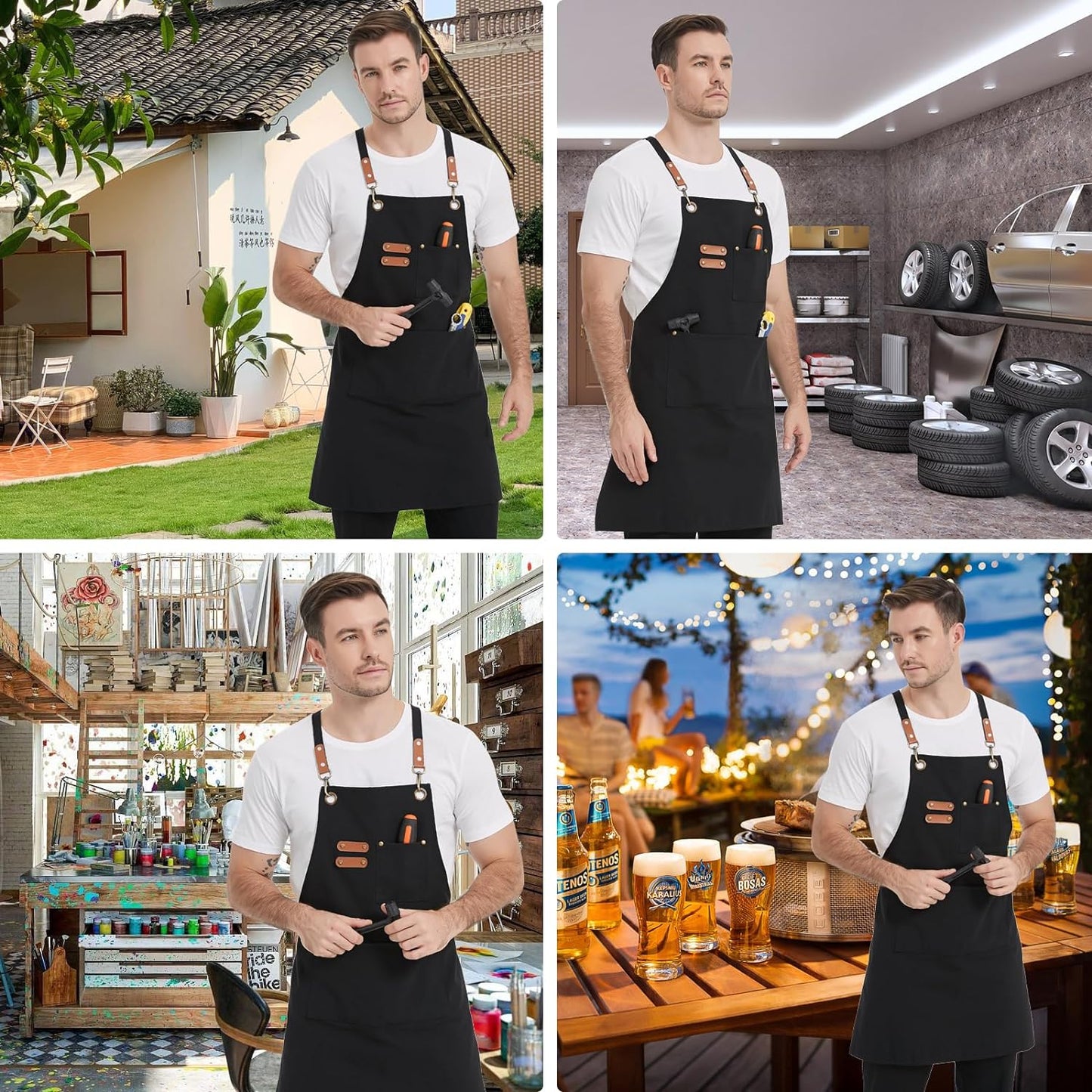 Canvas Aprons, Work Aprons with 3 Pockets, Adjustable Strap Chef Aprons for Servers Kitchen Cooking Baking Artist