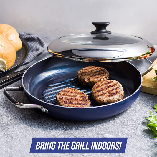 Cookware Diamond Infused Ceramic Nonstick 11" Grill Genie Pan with Lid Pfas-Free Dishwasher Safe Oven Safe Blue
