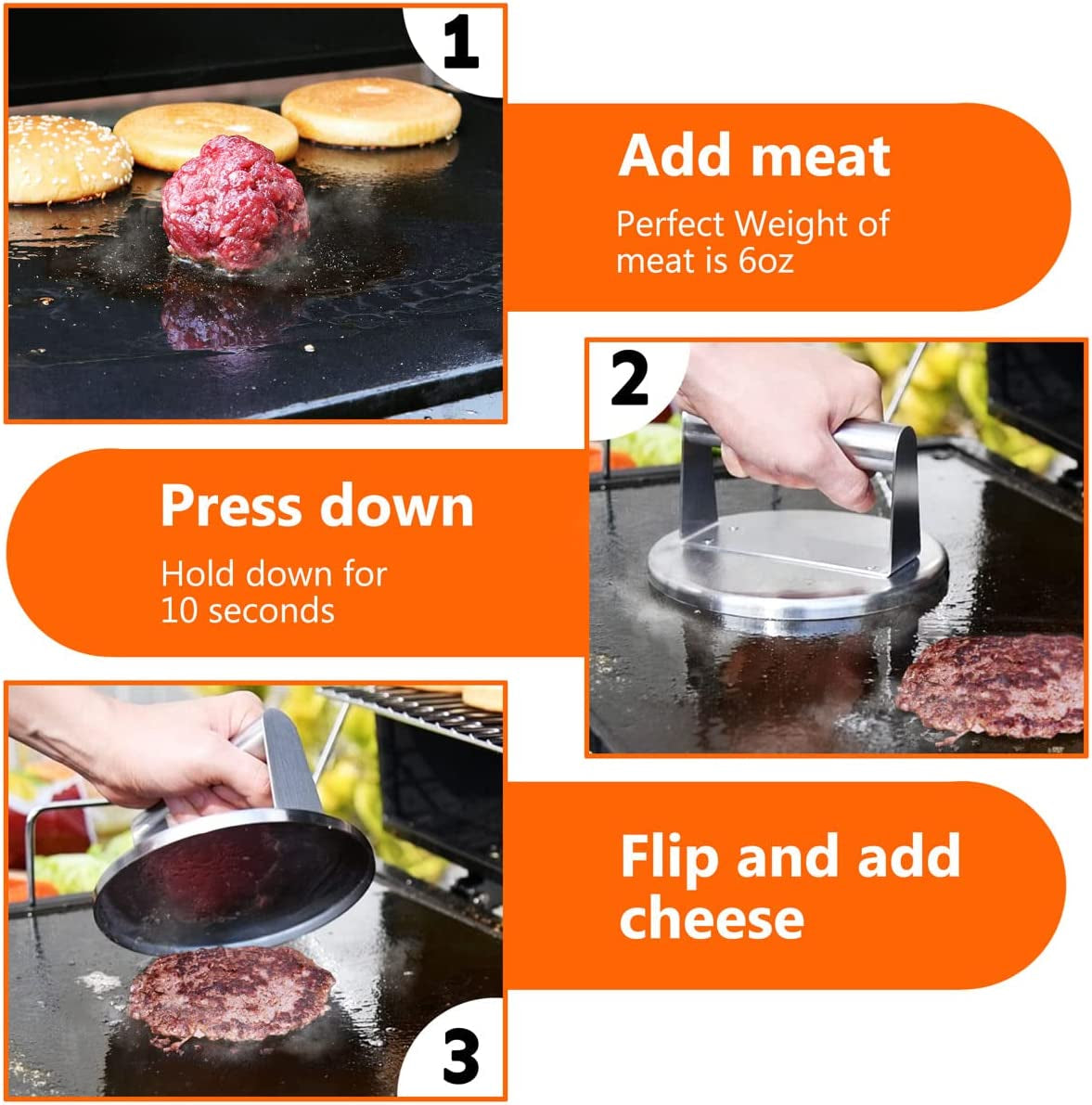 HULISEN Stainless Steel Smashed Burger Press, 6 Inch round Burger Smasher, Griddle Hamburger Press, Non Stick Grill Press for BBQ Griddle Cooking, Griddle Accessories Kit, Gift Package