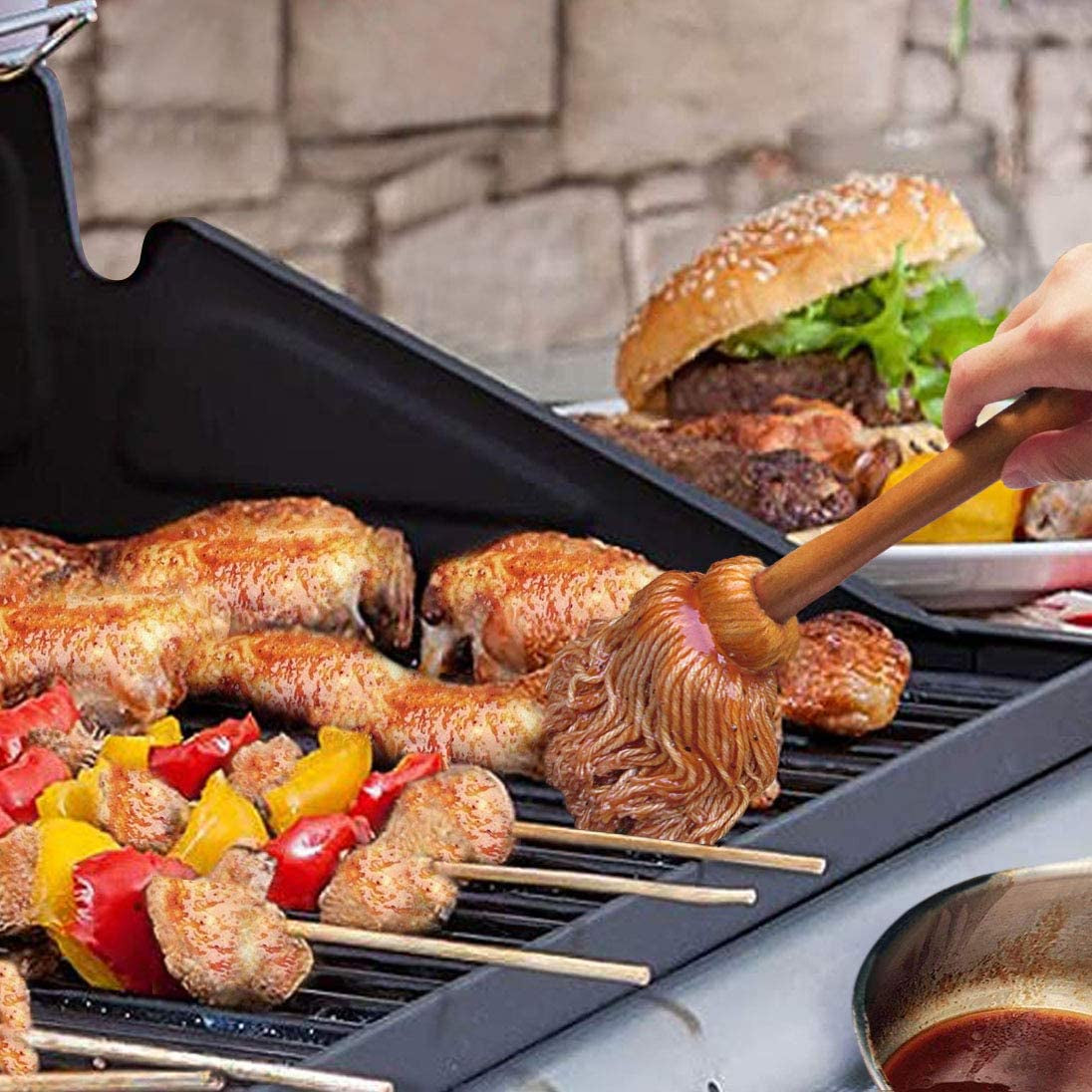 16" BBQ Sauce Basting Mops & Brushes for Roasting or Grilling, Apply Barbeque, Marinade or Glazing, Cotton Fiber Head and Hardwood Handle, Dish Mop Style, Perfect for Cooking or Cleaning - Pack of 3