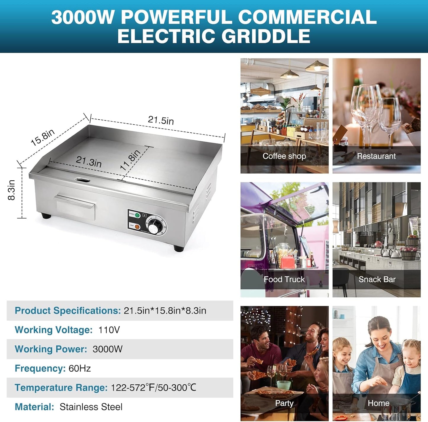 Commercial Electric Griddle 22”, 3000W Electric Flat Top Griddle Grill Indoor with 122~572℉ Adjustable Temperature Control, Non-Stick Stainless Steel Teppanyaki Grill for Restaurant, Hotel