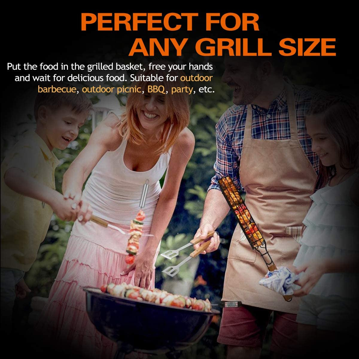 Portable Grilling Baskets - Set of 4 Companion Nonstick Kabob Grilling Baskets for Outdoor Grill - Kabobs and Loose Veggies,Fruits,Vegetable,Onion,Fish,Chicken and Meat Grill Baskets (Basket-4B)