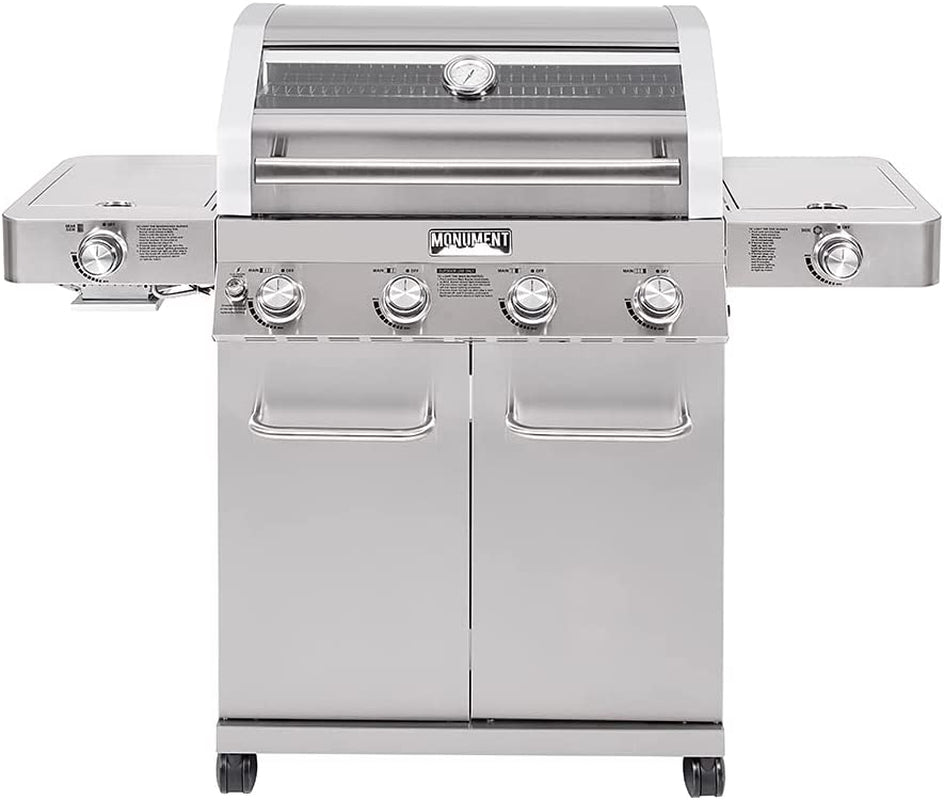 Monument Grills Larger 4-Burner Propane Gas Grills Stainless Steel Cabinet Style with Clear View Lid, LED Controls, Built in Thermometer, and Side & Infrared Side Sear Burners