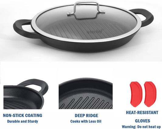 Nonstick Grill Pan for Stove Tops | 13.0" Skillet, Indoor Induction Cast-Aluminum Grill Pan with Lid and Anti-Scalding Tools, GRANITEC Nonstick Coating, Dishwasher & Oven Safe