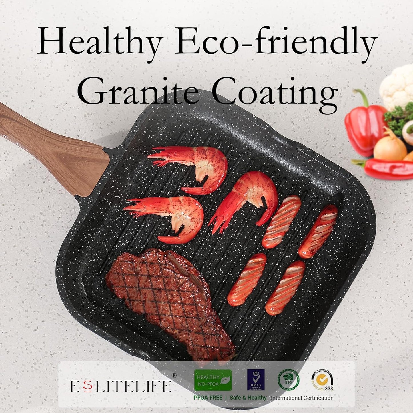 Nonstick Grill Pan for Stove Tops, 9.5 Inch Granite Coating Square Grill Skillet with Pour Spouts, Compatible with All Stovetops (Gas, Electric & Induction), PFOA Free