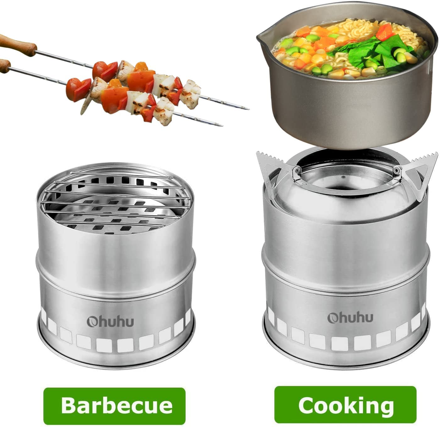 Camping Stove, Ohuhu Mini Wood Stove Stainless Steel Portable Stove, Backpacking Survival Stove Wood Burning Stove for Picnic BBQ Camp Hiking with Grill Grid and Carry Bag