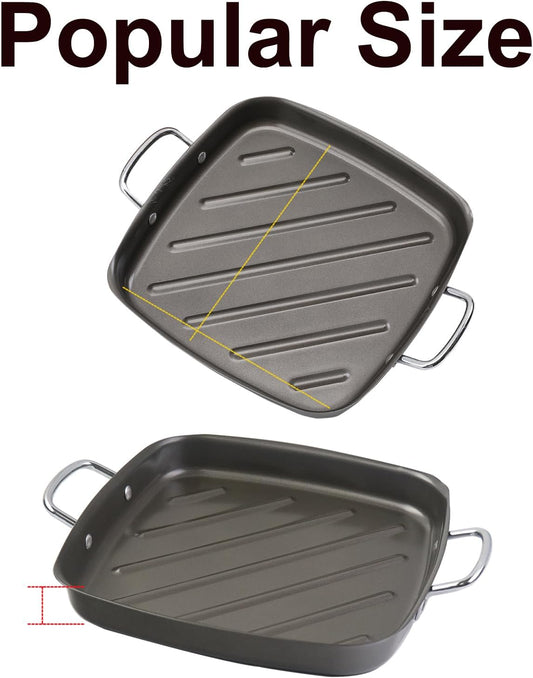 Non-Stick Grill Pan, Square Grill Topper BBQ Grilling Pan with Stainless Steel Handles, Porcelain Steel Barbecue Tray for Meat, Vegetables and Others, 11" X 11"