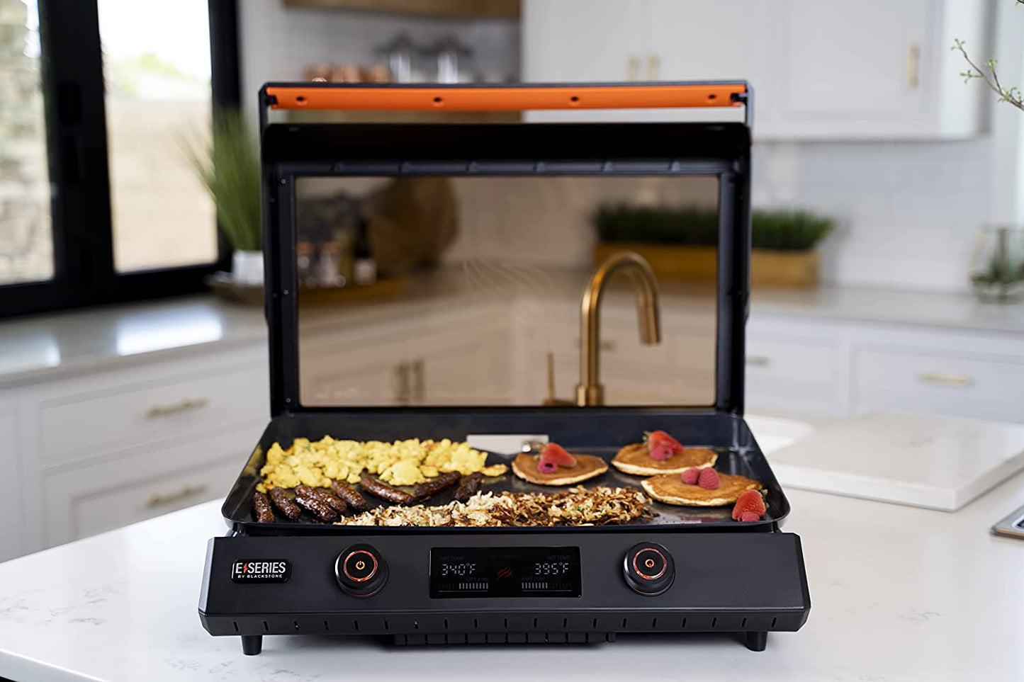 22-Inch Electric Griddle - 1200W Non Stick Ceramic Titanium Coated Stainless Steel Tabletop Griddle with Ez-Touch Control Dial, LCD Display, Patented Rotate & Remove Glass Hood - 8001
