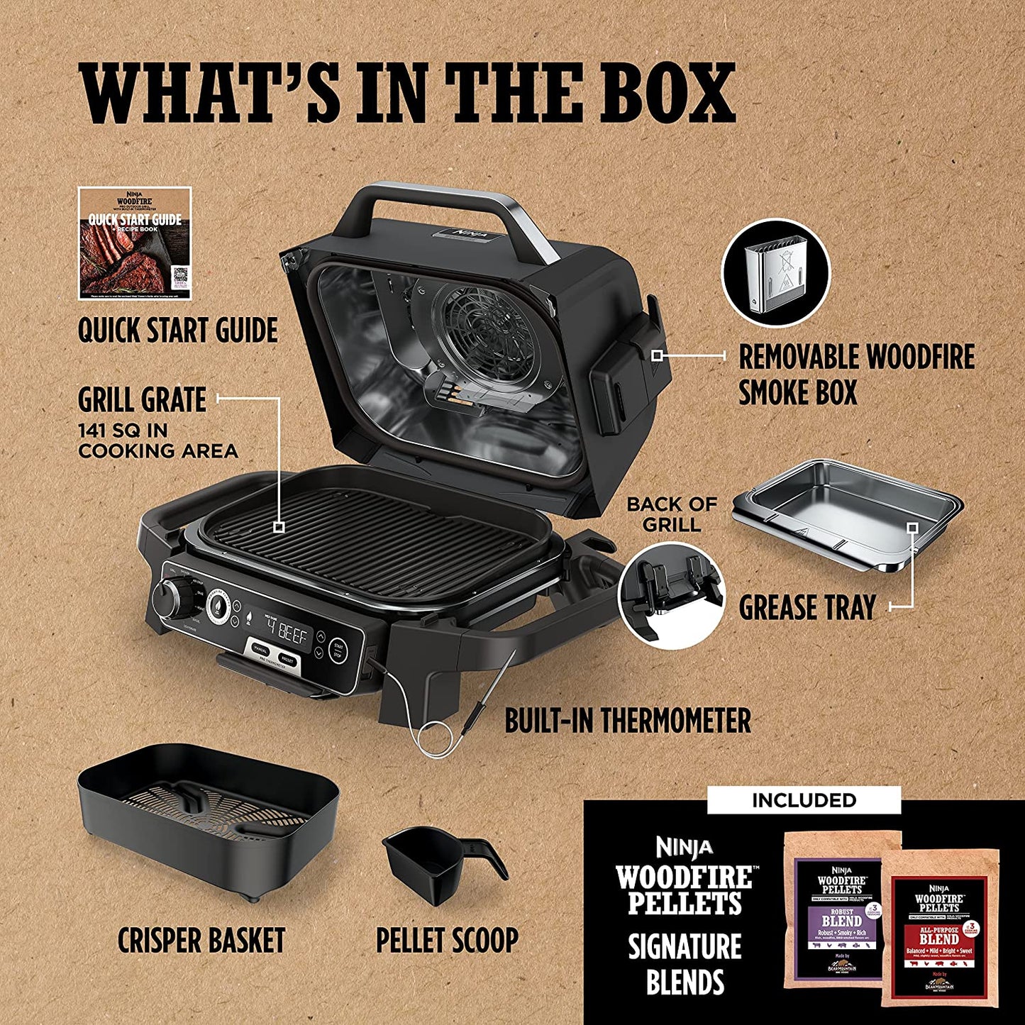 OG751BRN Woodfire Pro Outdoor Grill & Smoker with Built-In Thermometer, 7-In-1 Master Grill, BBQ Smoker, Air Fryer, Bake, Roast, Dehydrate, Broil, Pellets, Portable,Electric, Grey