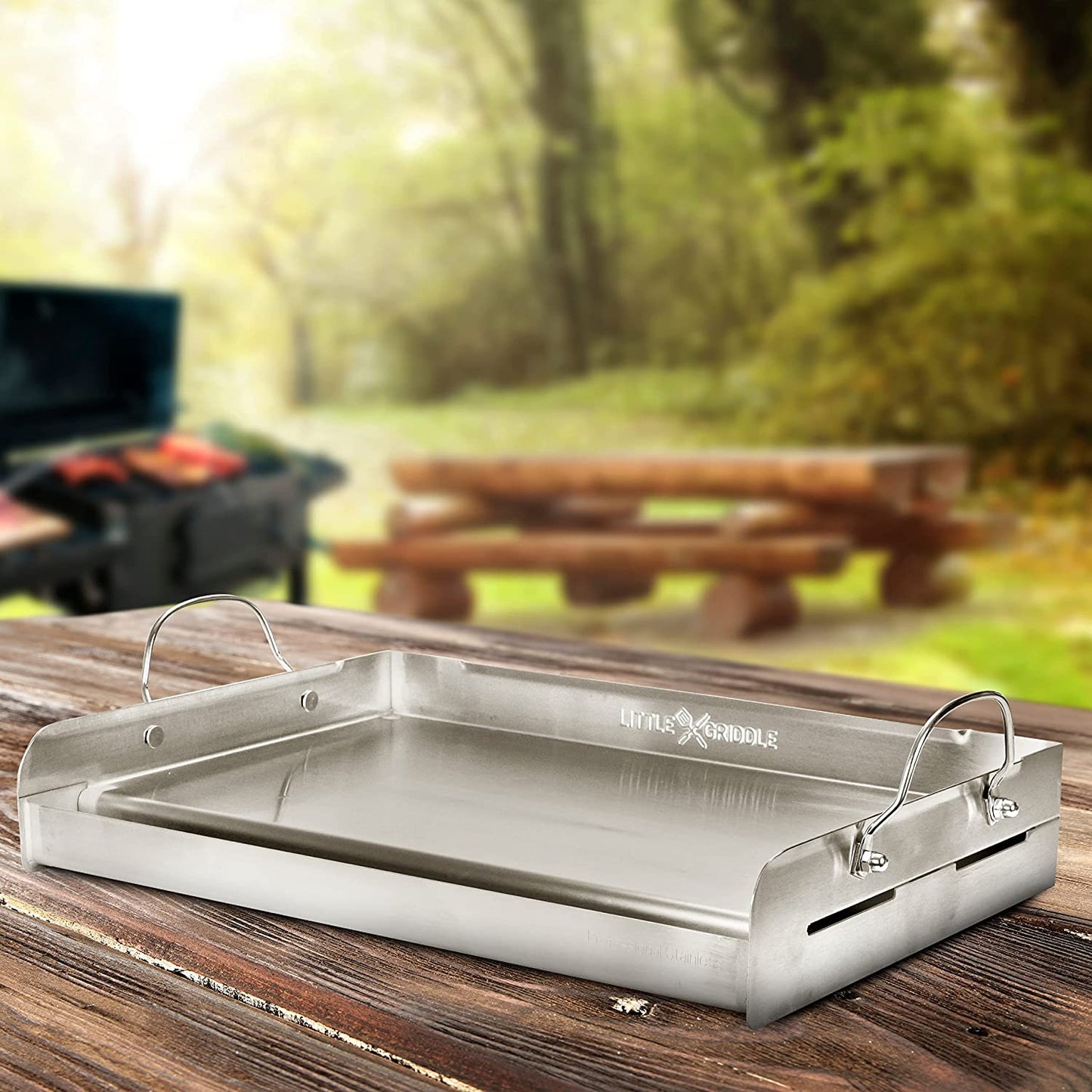 Griddle-Q GQ230 100% Stainless Steel Professional Quality Griddle with Even Heat Cross Bracing and Removable Handles for Charcoal/Gas Grills, Camping, Tailgating, Parties (25"X16"X6.5")