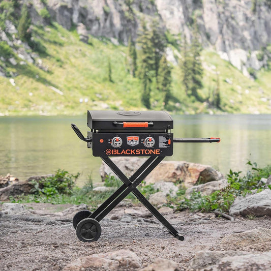 1935 on the Go Scissor-Leg Two Burners Gas Hood, Wheels, Side Shelf Heavy Duty Outdoor Stainless Steel Griddle for Backyard, Patio Camping, 22, Black