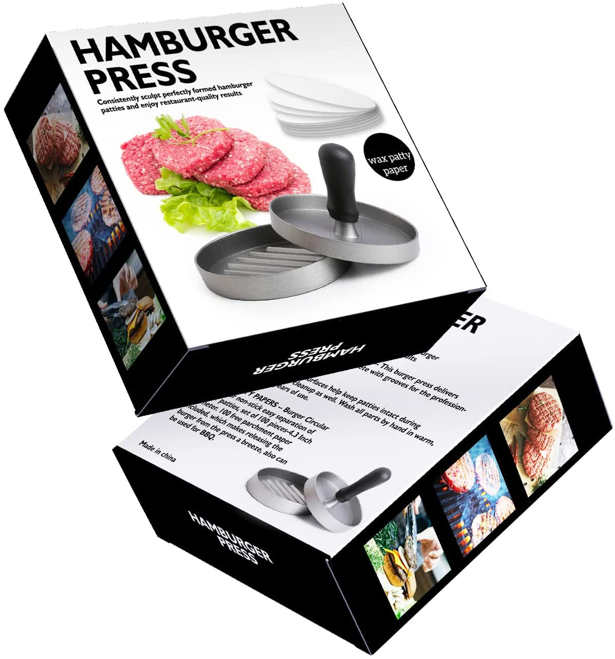 TACGEA Burger Press with 150 Patty Papers, Non-Stick Hamburger Patty Maker with Wax Paper, Aluminum Burger Maker for Kitchen BBQ Grill