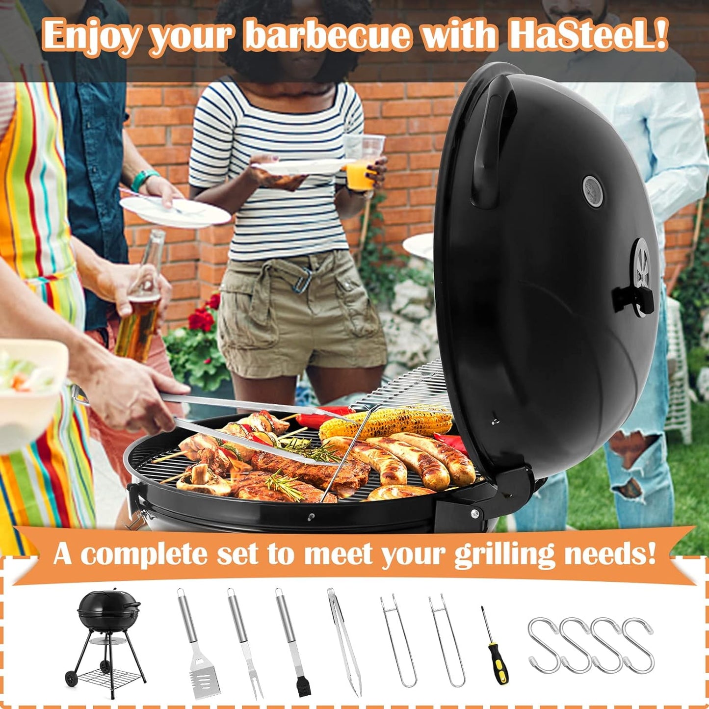22-Inch Charcoal Kettle Grill Set of 12, Hasteel 2 Layer Grilling Racks Outdoor BBQ Grill, Heavy Duty Large Enameled Grills with Grilling Accessories for Camping Backyard Picnic, Barbecue Spatula