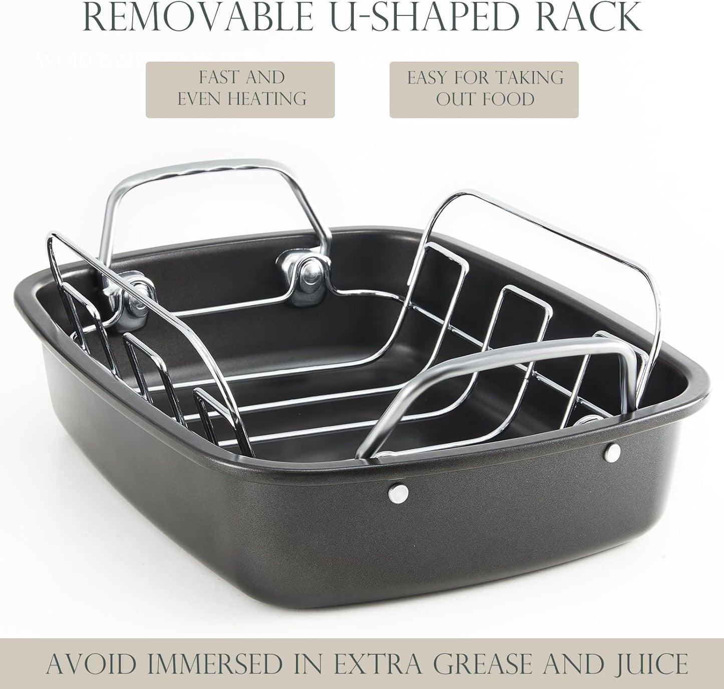KITESSENSU Nonstick Turkey Roasting Pan with Rack 17 X 14 Inch - Large Chicken Roaster Pan for Oven - Wider Handles & Heavy Duty Construction - Suitable for 24Lb Turkey, Gray