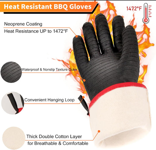 BBQ Gloves - 1472°F Thicken Heat Resistant Gloves W/S-Hook 14 in Kitchen Oven Mitts Waterproof Grill Gloves Oil Resistant Grilling Gloves Cooking Gloves for Turkey Fryer/Baking/Oven/Smoker
