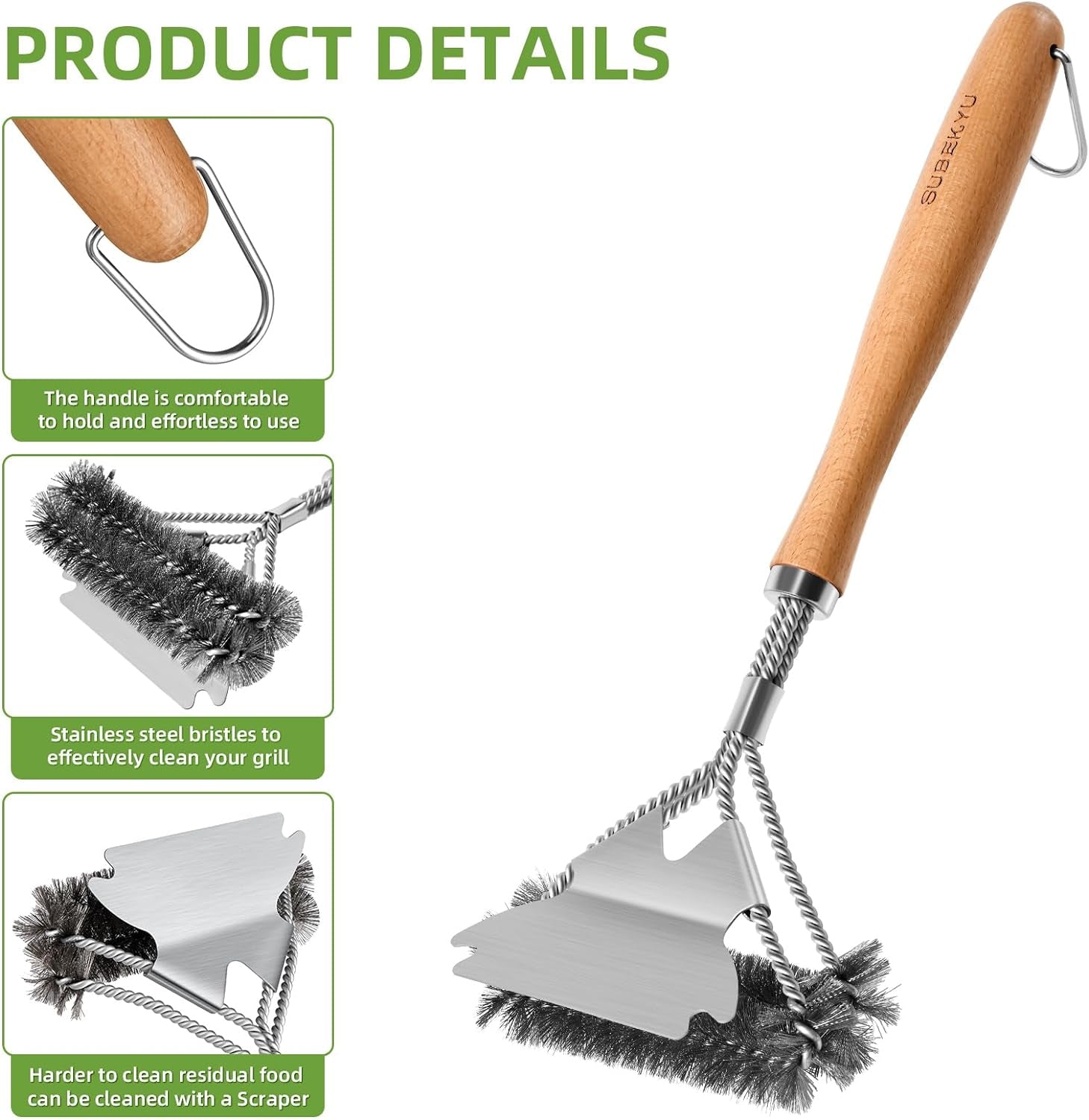 Grill Brush for Outdoor Grill, 15.3'' BBQ Grill Scraper Cleaning Brush for Outdoor Grill, Safe Stainless Steel Grill Cleaner Scrubber with Scraper, Beech Wood Handle, 1Pack