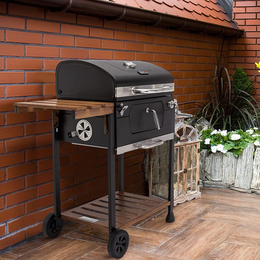 CD1824M 24-Inch Charcoal Grill, BBQ Smoker with Handle and Folding Table, Perfect for Outdoor Patio, Garden and Backyard Grilling, Black, Medium
