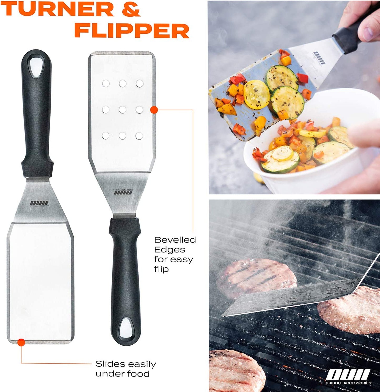 OUII Flat Top Griddle Accessories for Blackstone and Camp Chef Griddle - 9 Pieces Set with Griddle Cleaning Kit and Carry Bag! Metal Spatula, Scraper for Hibachi and Teppanyaki Grill