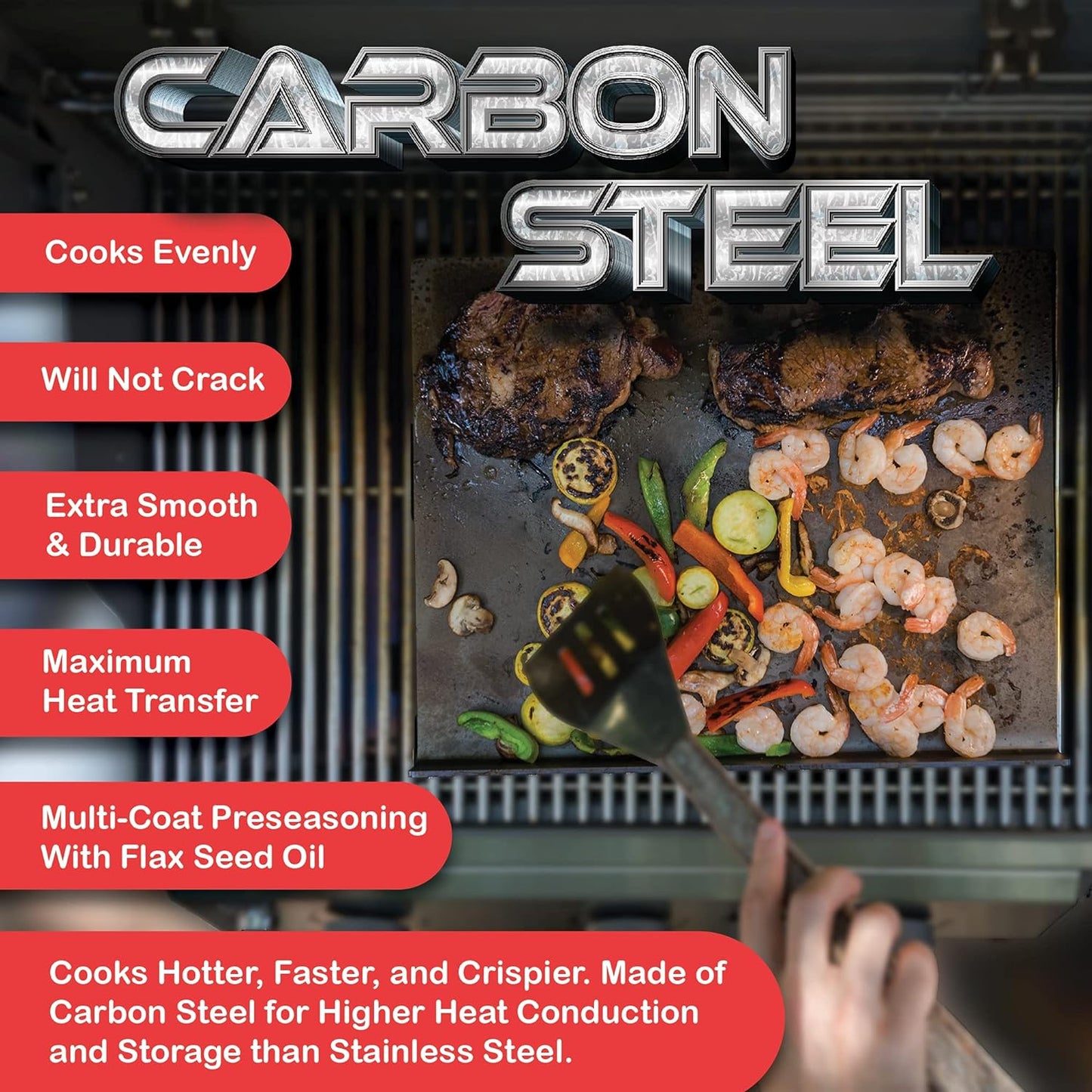- Double Pre-Seasoned, Square Carbon Steel BBQ Grill Griddle, Made in USA - Perfect for Gas Grill - Durable, Flat Top Grill Pan - 1/4" Thick, 14" X 18"
