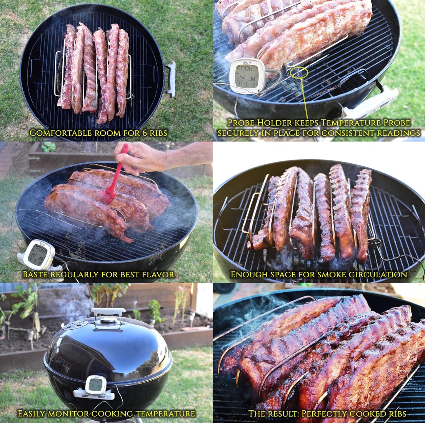 Rib Rack Stainless Steel – 6-Rib Capacity! Integrated Temperature Probe Holder - Never Risk Burnt Ribs Again! 100% Food-Safe, Non-Magnetic Stainless Steel – Easy Clean-Up and Coating-Free!
