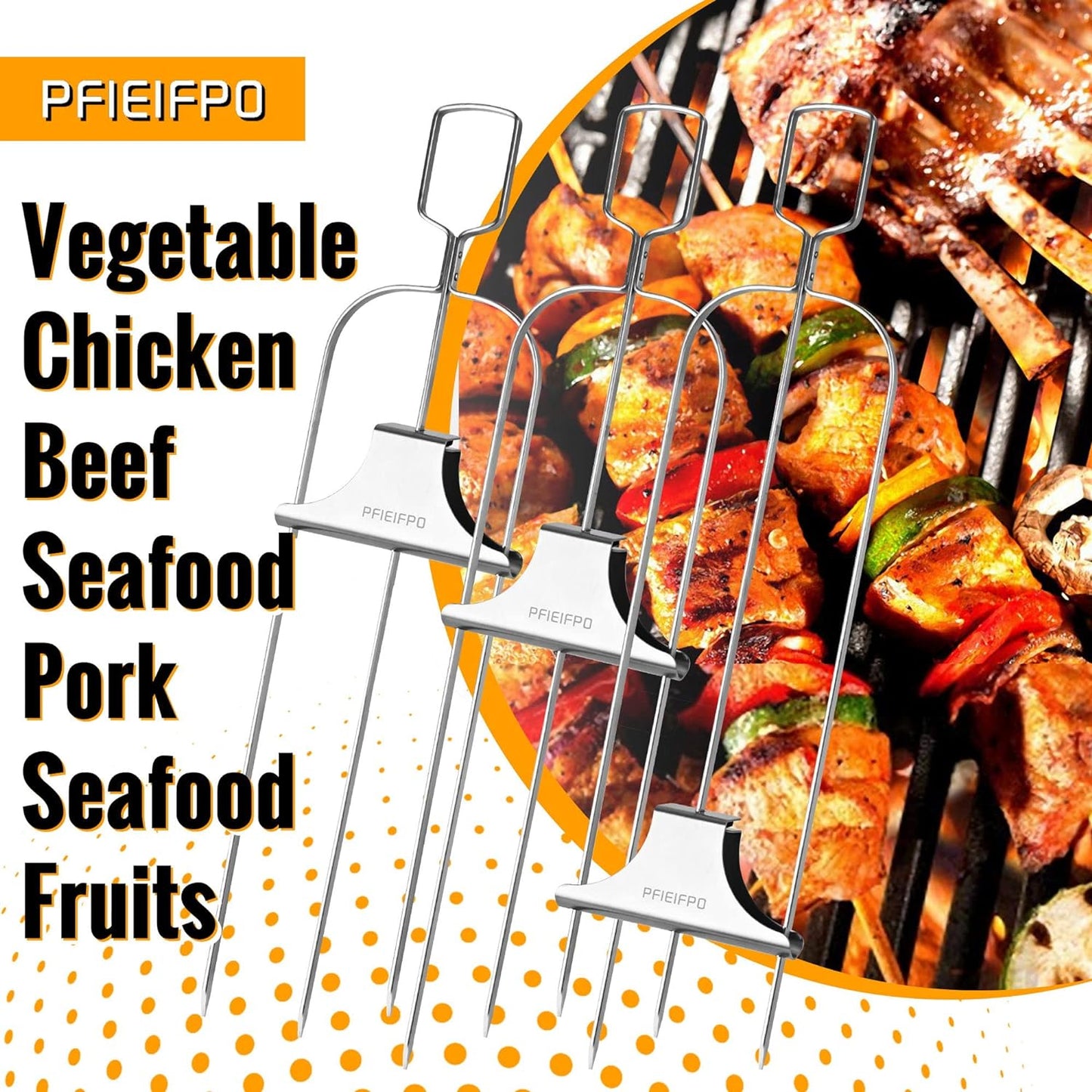 Grilling Savant 3 Way Skewers,14 Inch Metal Skewers for Grilling,Easy to Use Push Bar Slider, BBQ Accessory, Perfect for Meat,Veggies,Fruits,Marshmallow Roasting Sticks Grill Kabob Skewer.