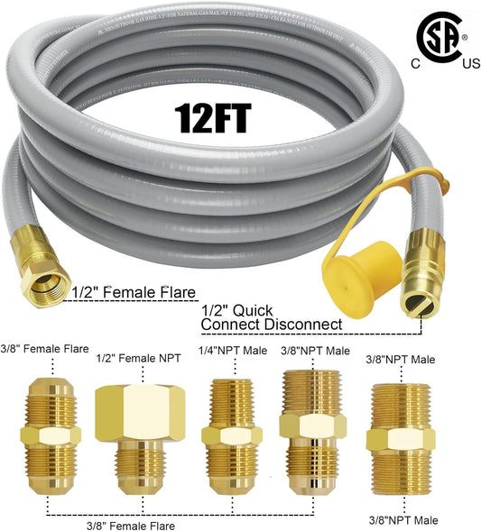 NQN 12FT 1/2" ID Natural Gas Hose with Quick Connect Fitting for BBQ, Grill, Pizza Oven, Patio Heater. for Weber, Char-Broil, Pizza Oven, Patio Heater,Ng Grill and Natural Gas Conversion Kit