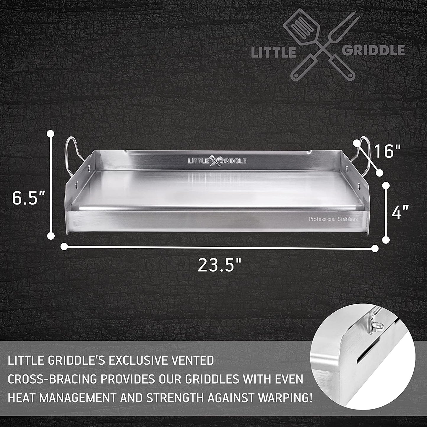 Griddle-Q GQ230 100% Stainless Steel Professional Quality Griddle with Even Heat Cross Bracing and Removable Handles for Charcoal/Gas Grills, Camping, Tailgating, Parties (25"X16"X6.5")