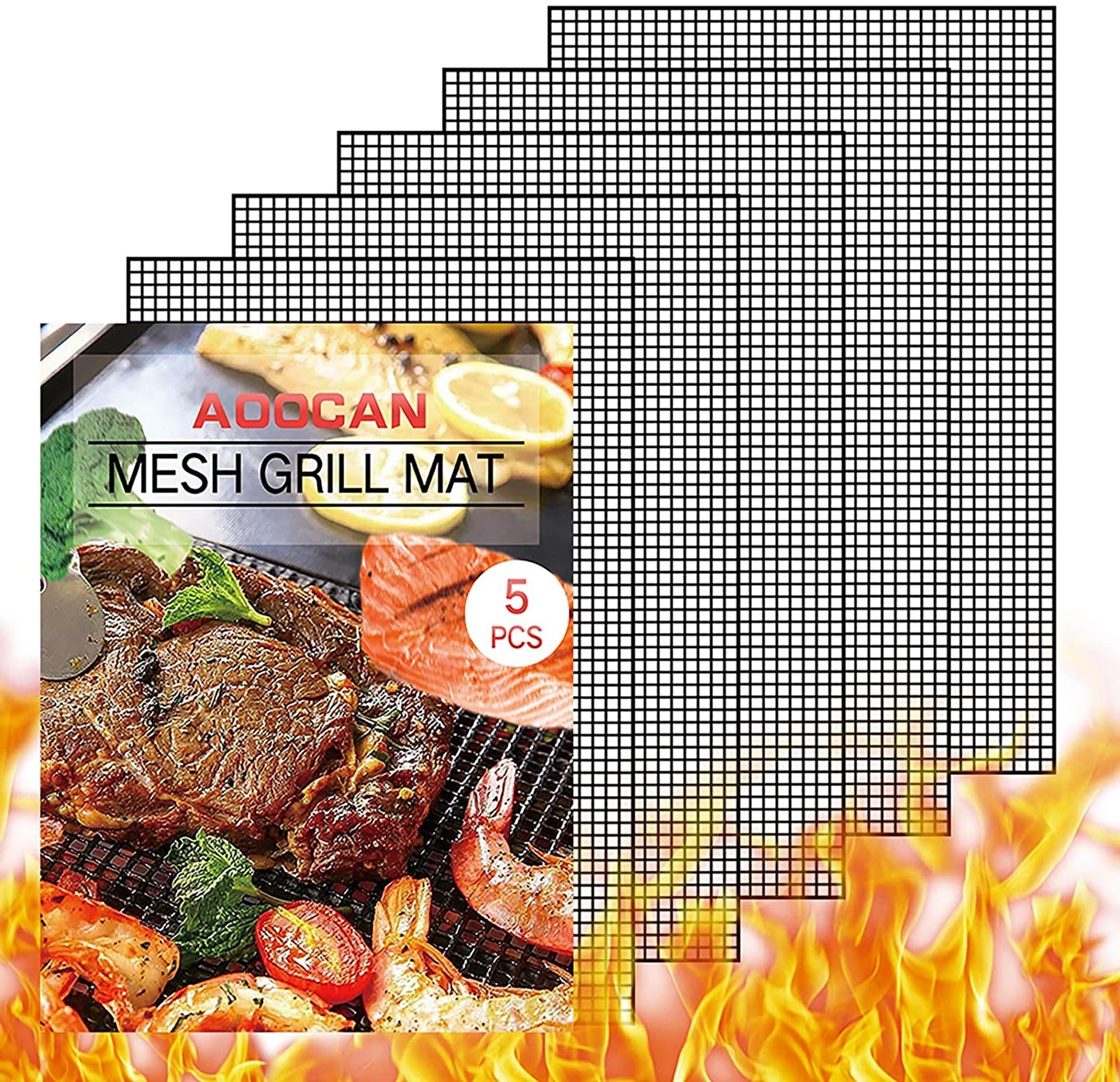 Grill Mesh Mat - Set of 5 Non Stick BBQ Grill Mats, Heavy Duty, Reusable Grilling Mats, Easy to Clean - Works on Gas, Charcoal, Pellet Grill - 15.75 X 13 In, Black