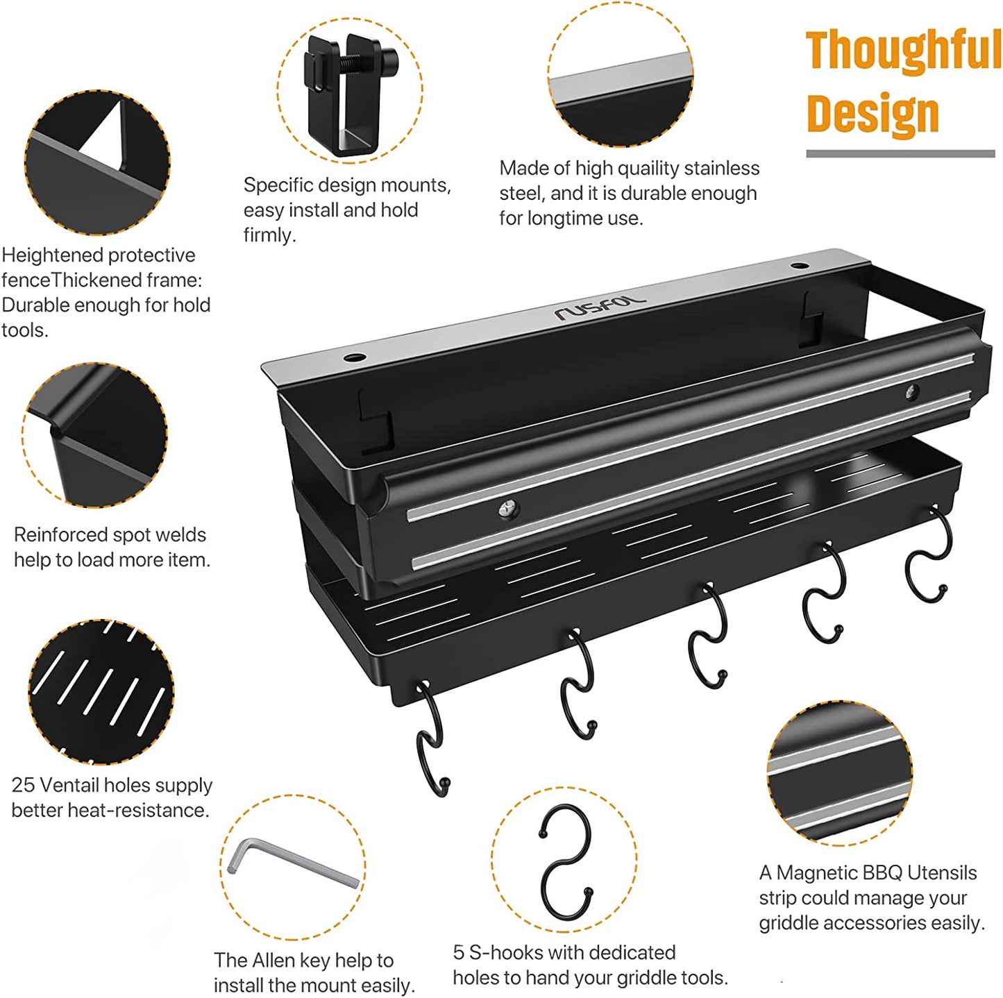 Stainless Steel Griddle Caddy with Magnetic BBQ Utensils Strip for 28"/36" Blackstone Griddles, with a Allen Key, Space Saving BBQ Accessories Storage Box, Free from Drill Hole&Easy to Install