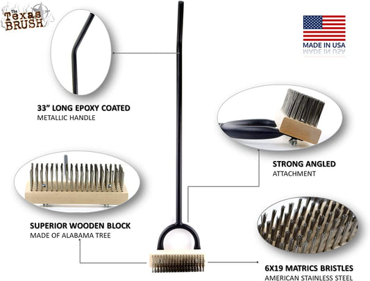 Texas BBQ Grill Brush-33 Metallic Handle, Stainless Steel Bristles-Heavy Duty Barbeque Grill Cleaning Tool-Scratchless Cleaning Brush for Gas/Charcoal Grates-Grilling Gifts for Cooks-Replaceable Head