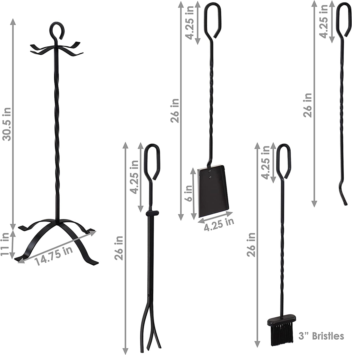 Sunnydaze 4-Piece Fireplace Tool Set with Stand - Heavy-Duty Black Steel Poker, Shovel, Log Grabber and Broom