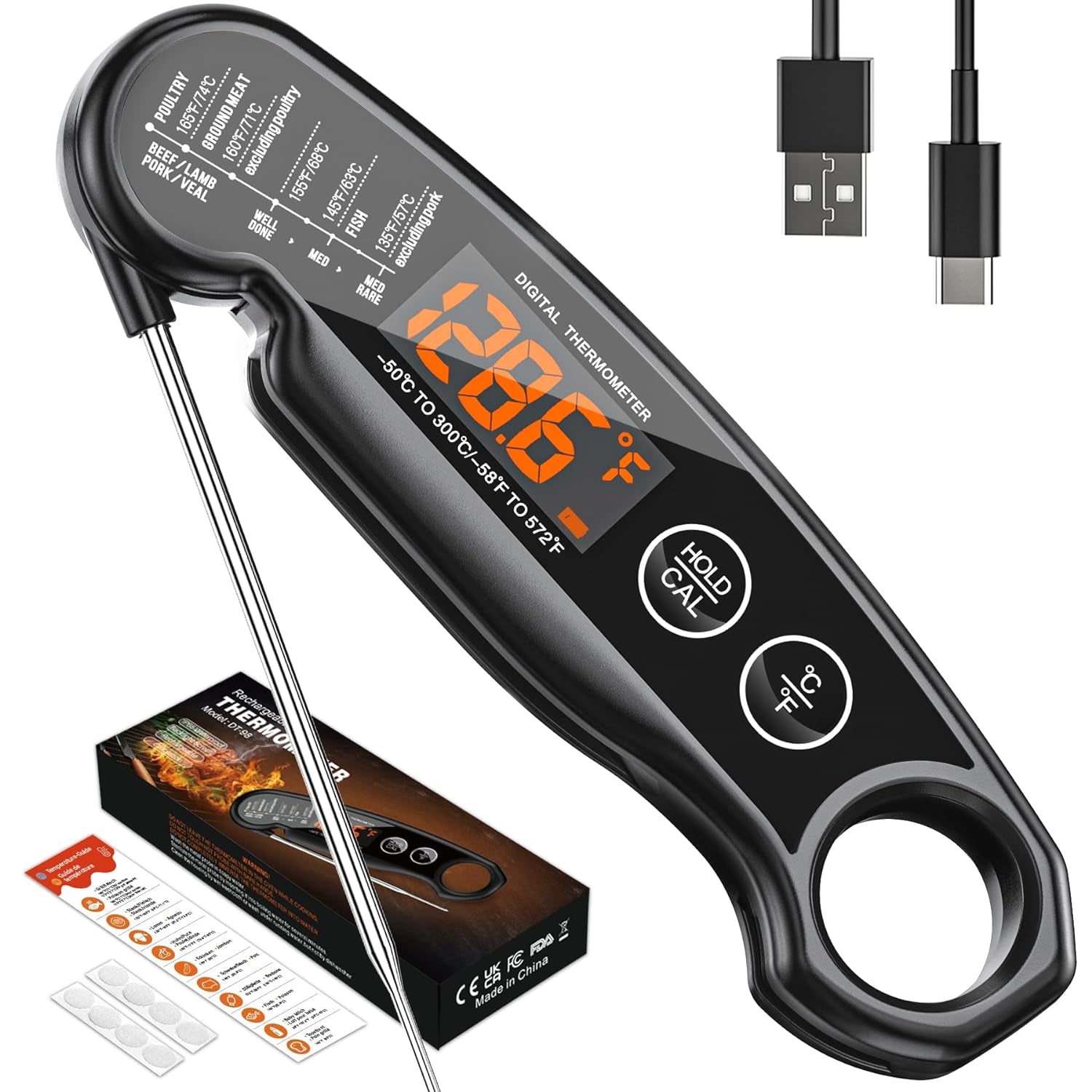 Digital Meat Thermometer,  Rechargeable Instant Read Food Thermometer with Backlight & Calibration, Auto On/Off, Waterproof Cooking Thermometer for Meat, Liquid, Deep Fry, Baking, Oven, BBQ