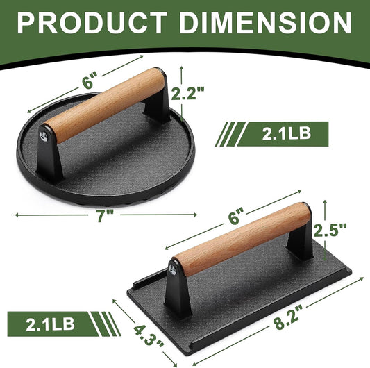EWFEN Burger Press, 7" round & 8.2"X4.3" Rectangle Heavy-Duty Cast Iron Smash Bacon Press Meat Steak with Wood Handle for Griddle, Sandwich, Nonstick Pan