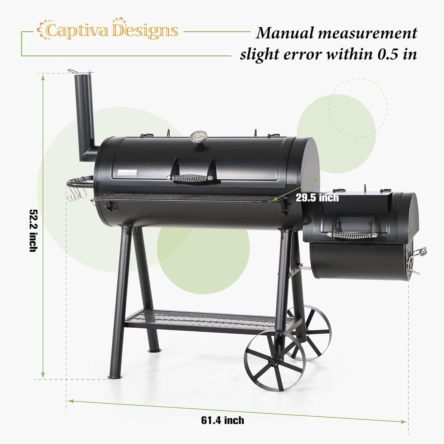 Captiva Designs Heavy Duty Outdoor Smoker,Extra Large Cooking Area(941 Sq.In. in Total) Offset Smoker, Best Charcoal Smoker and Grill Combo for Outdoor Garden Patio and Backyard Cooking